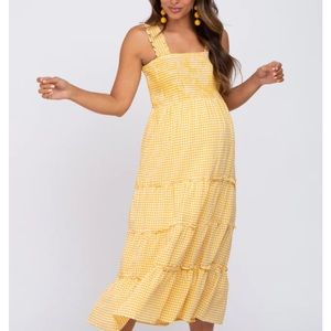 Yellow Gingham Smocked Tiered Maternity Midi Dress